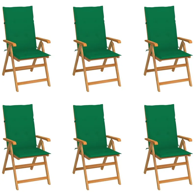 Ensemble de 6 chaises pliantes en teck massif avec coussins verts