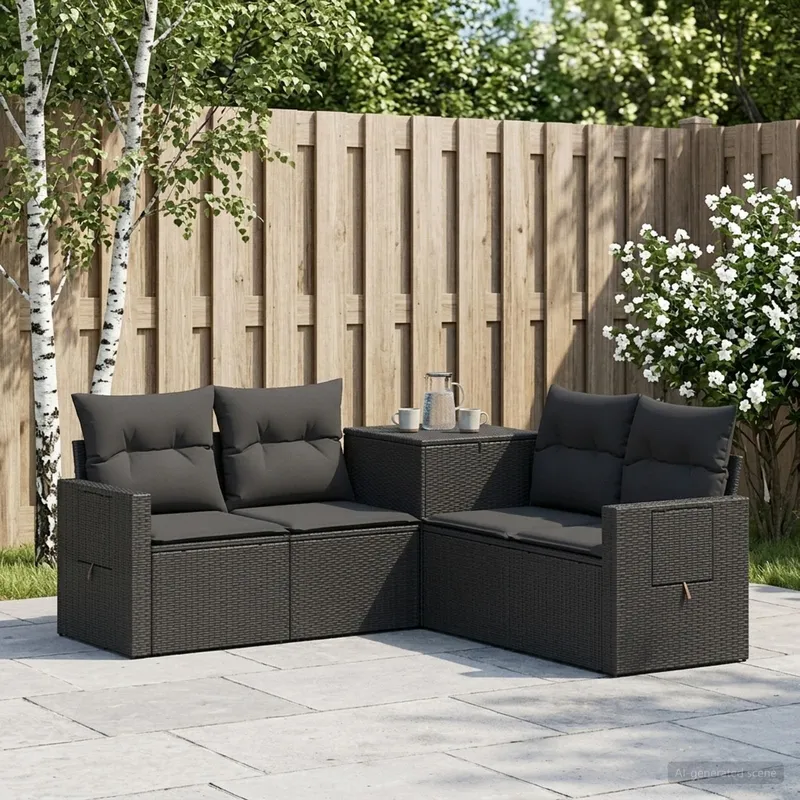divano Set 5 pz. nero polyrattan e acciaio