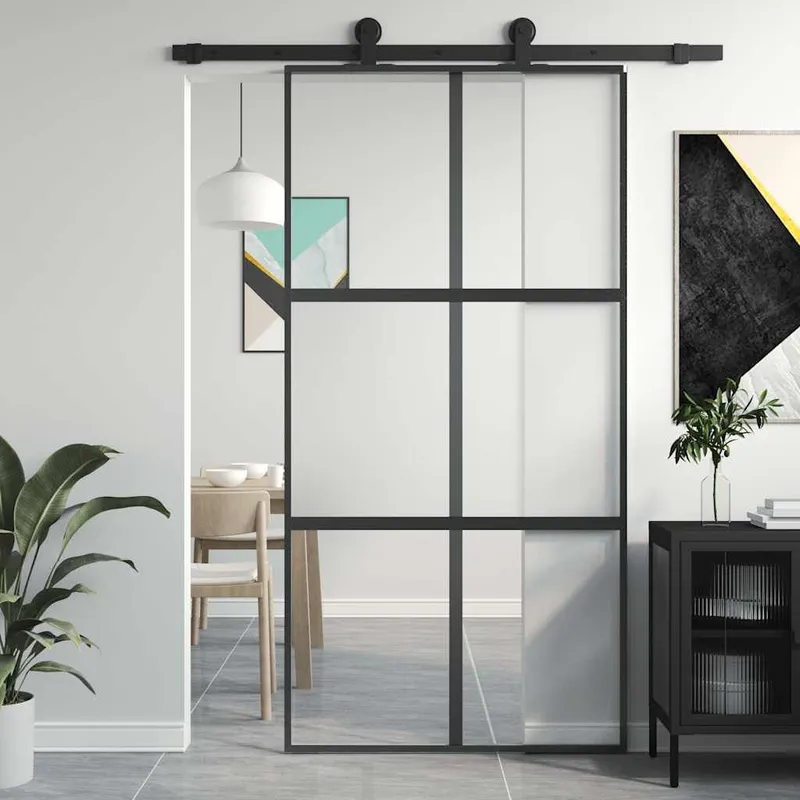 Porte coulissante noir 102,5x205 cm verre trempé aluminium