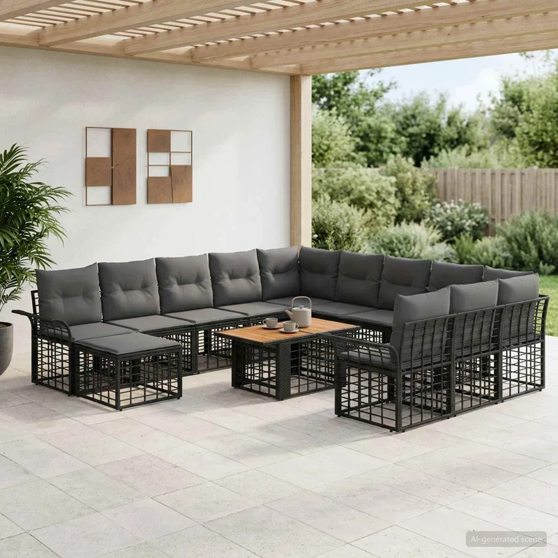 Gartensofa-set 13 stk. Schwarz und Dunkelgrau Poly-Rattan