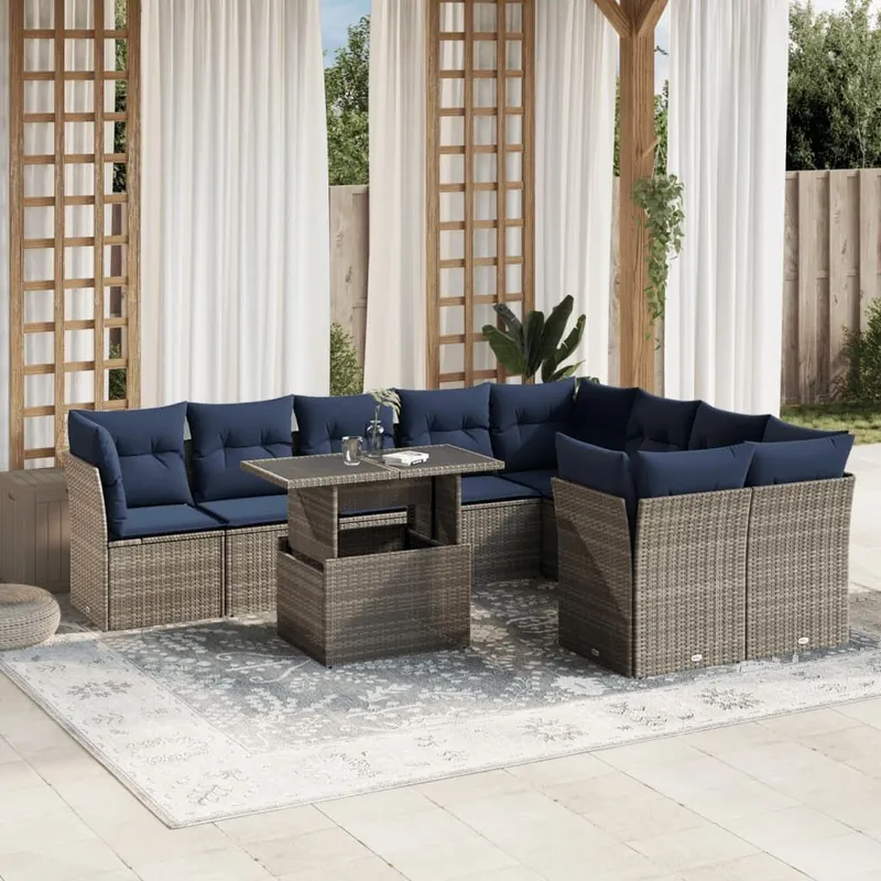10-teiliges Gartensofa-Set mit Kissen, grau, Polyrattan