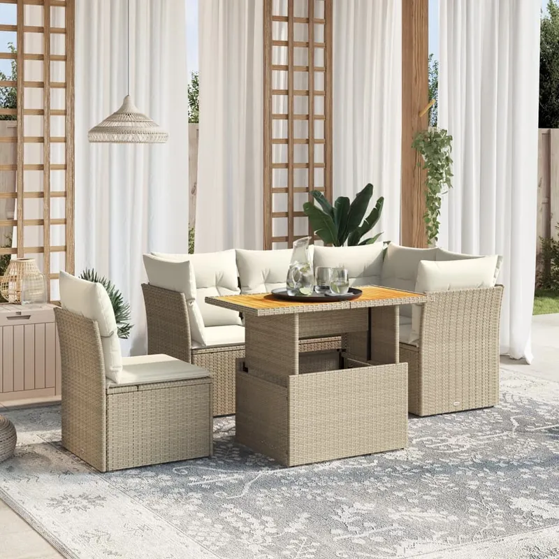 Salon de jardin avec coussins 5 pcs beige résine tressée