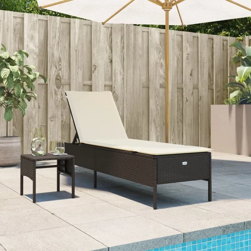 Chaise longue avec table et coussin marron résine tressée