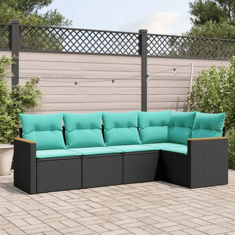 5 pezzi set divano da giardino con cuscini, nero polyrattan