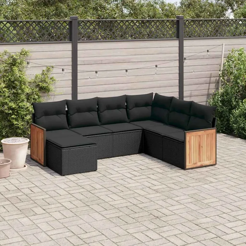 7-tlg. set divano da giardino con cuscini nero Poly Rattan