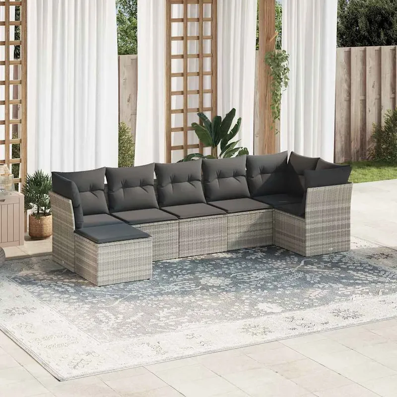 7-tlg. set divano da giardino con cuscini Hellgrau Poly Rattan