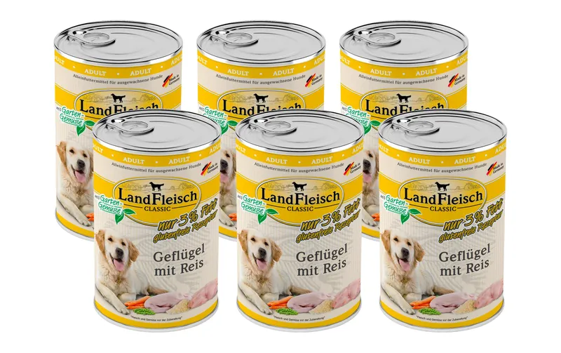LandFleisch Nassfutter Classic Geflügel mit Reis, 6 x 400 g