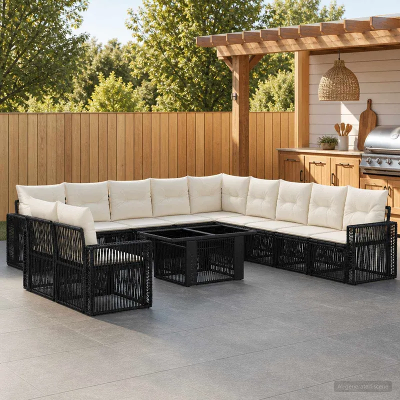 set divano da giardino 12 pz. nero e bianco crema polyrattan