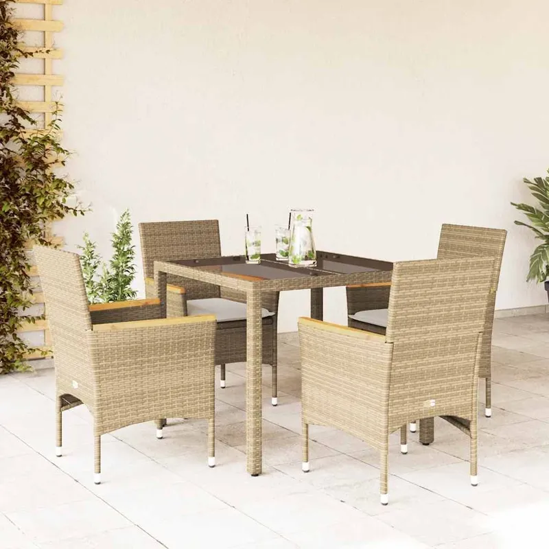 5 pz. set pranzo da giardino con cuscini beige Poly Rattan e vetro
