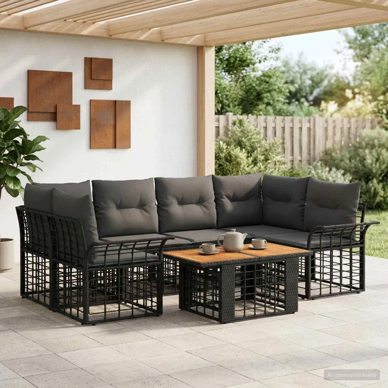 Gartensofa-set 7 stk. Schwarz und Dunkelgrau Poly-Rattan