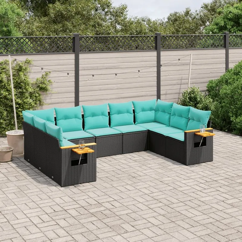 Salon de jardin 9 pcs avec coussins noir résine tressée