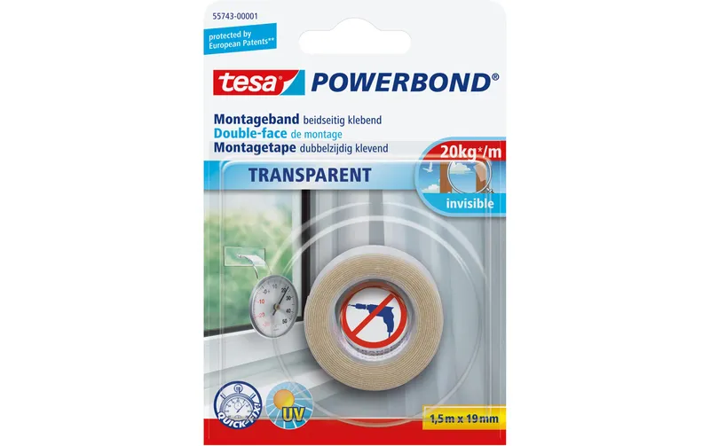 tesa Montageband Powerbond transparent, 1.5m x 19 mm