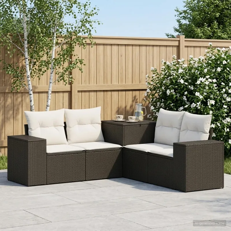 Sofa Set 5 stk. Schwarz und Cremeweiß Polyrattan und Stahl