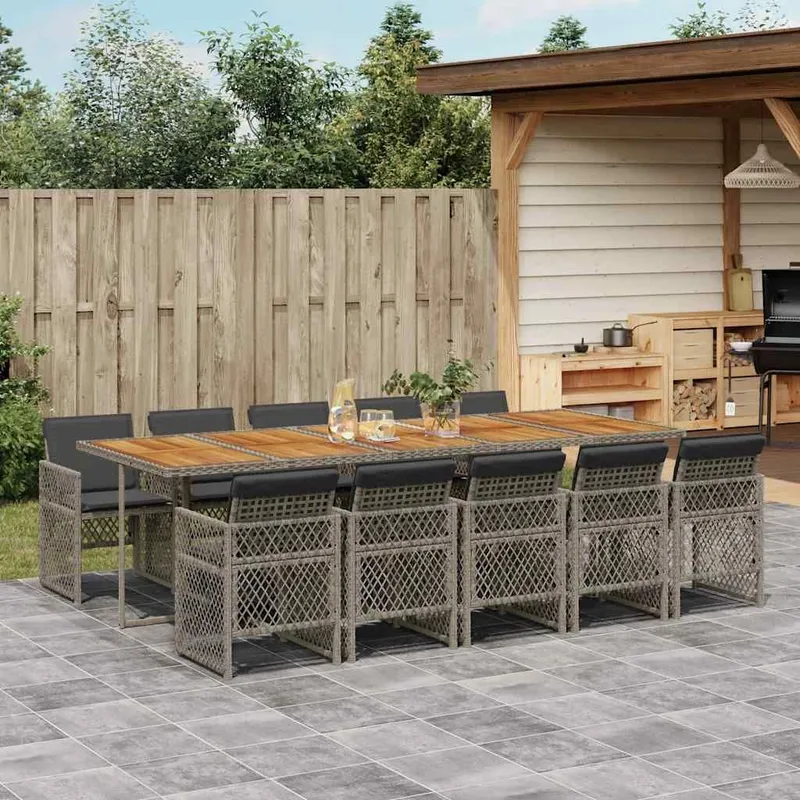 Ensemble à manger de jardin 11pcs avec coussins gris poly rotin