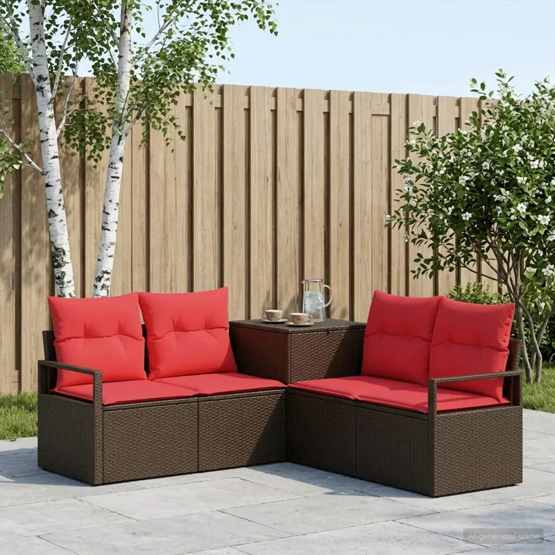Sofa Set 5 stk. Braun und Rot Polyrattan und Stahl