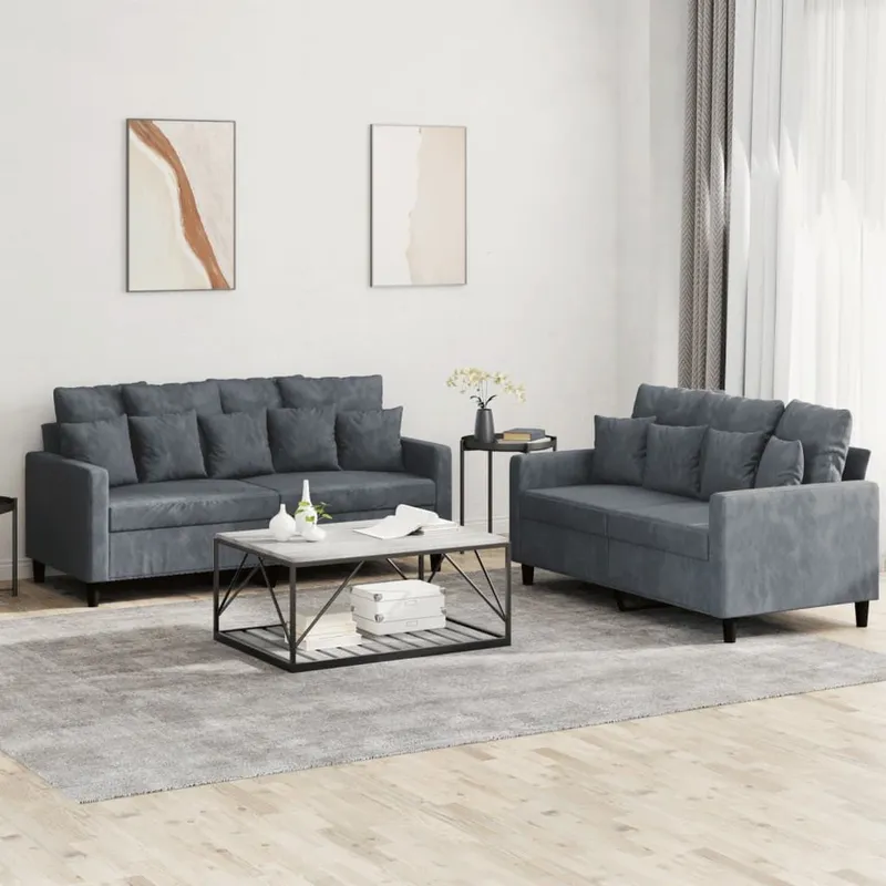 2 pz. set divano con cuscini grigio scuro velluto