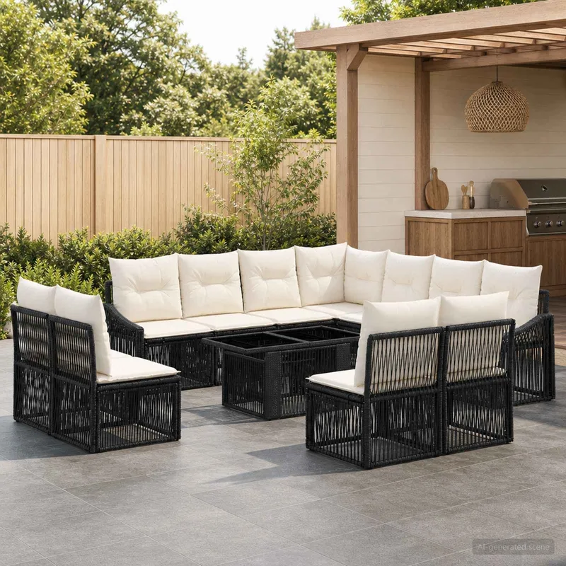 Gartensofa-set 12 stk. Schwarz und Cremeweiß Poly-Rattan