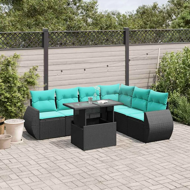 7-teiliges Gartensofa-Set mit Kissen, schwarzes Polyrattan