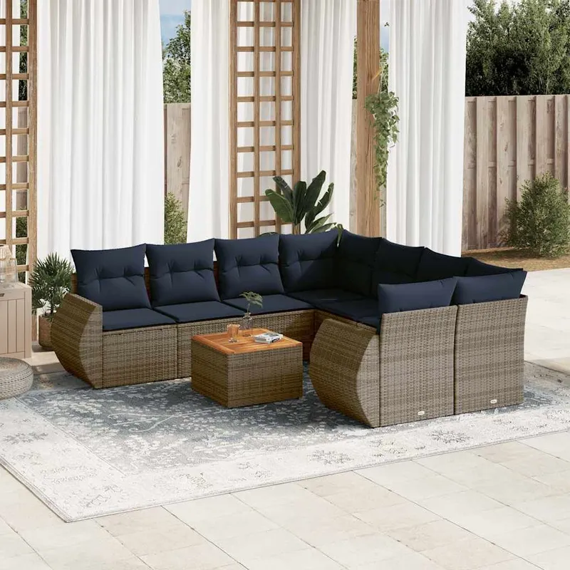 9-teiliges Gartensofa-Set mit Kissen, grau, Polyrattan