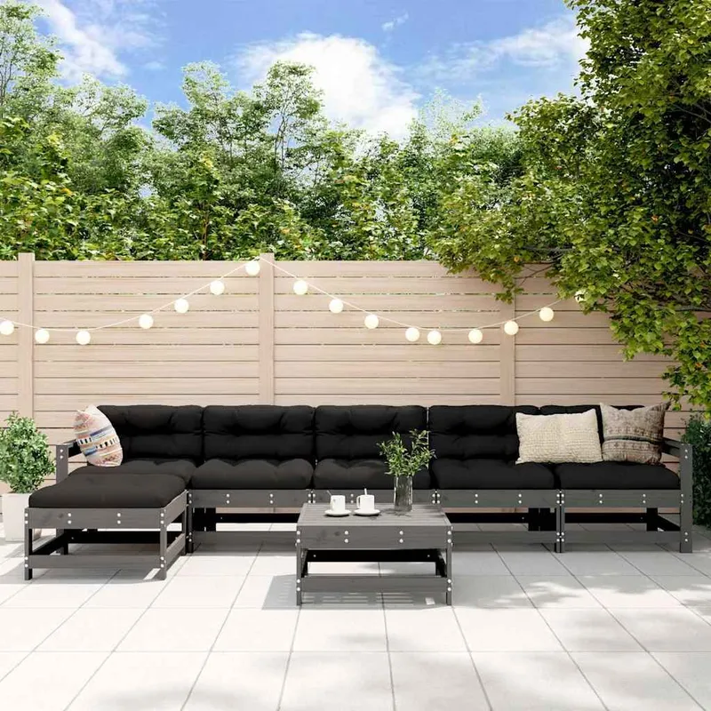 7-tlg. Garten-Lounge-Set mit Kissen grey Massivholz
