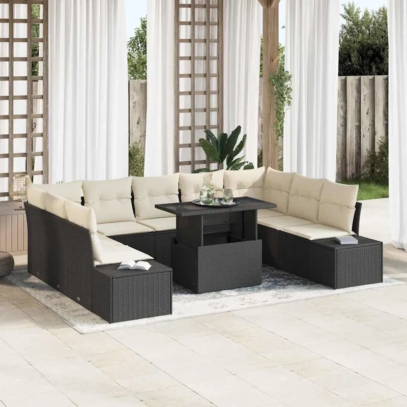 Gartensofa-set 10 stk. Schwarz und Creme Poly-Rattan
