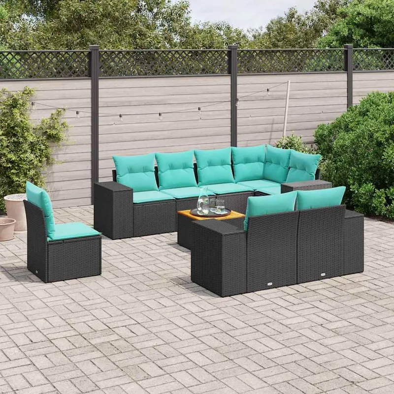 9 pezzi set divano da giardino con cuscini, nero polyrattan