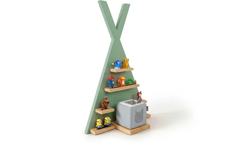 relaxdays Hörfigurenregal Zelt, MDF / Holz, vert / Hellbraun
