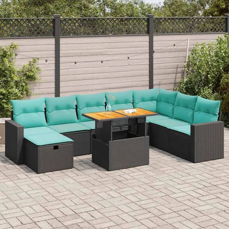 9-tlg. Garten-Sofagarnitur mit Kissen Schwarz Poly Rattan