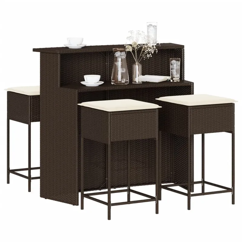 5-tlg. Gartenbar-Set mit Kissen marrone Poly Rattan