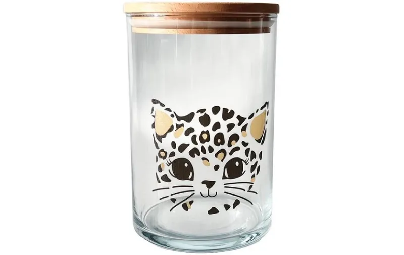 Wunderle Vorratsverre Katze Leoprint 880 ml, avec Holzdeckel