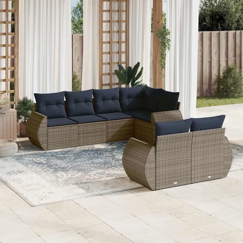 7 pezzi set divano da giardino con cuscini, grigio, polyrattan