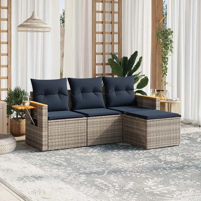4-tlg. Garten-Sofagarnitur mit Kissen Grau Poly Rattan