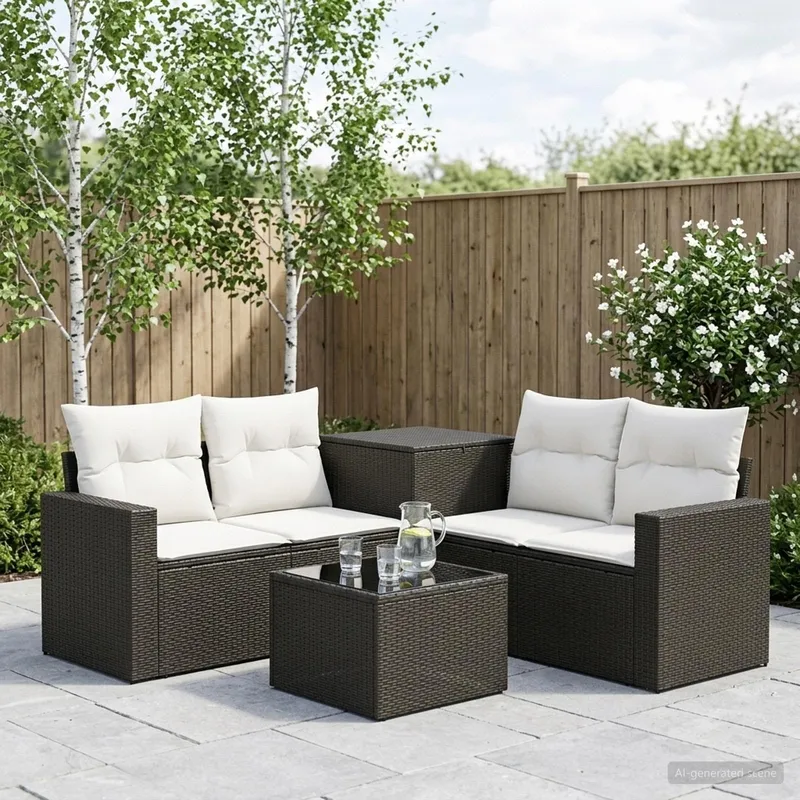 Sofa Set 6 stk. Schwarz und Cremeweiß Polyrattan und Stahl