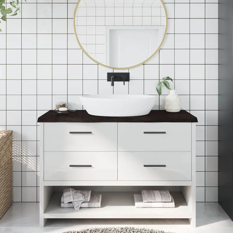 Comptoir de salle de bain marron foncé bois massif traité