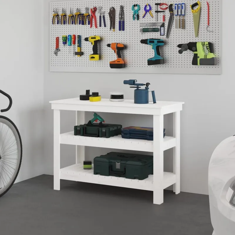 Werkbank bianco 110,5x50x80 cm legno massiccio pino