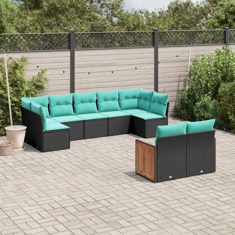9-teiliges Gartensofa-Set mit Kissen, schwarzes Polyrattan