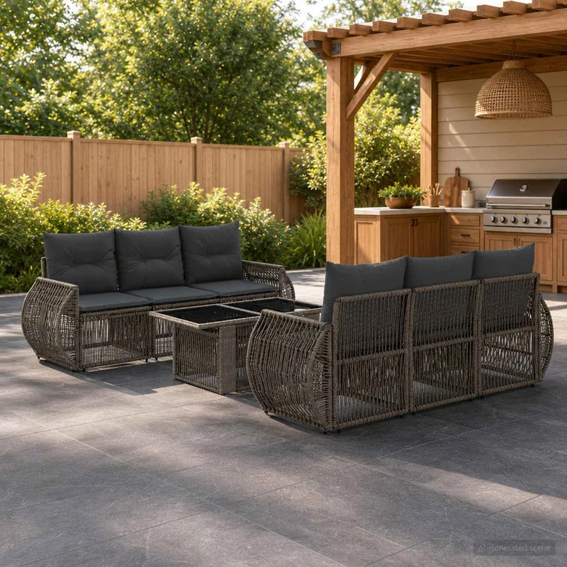 Ensemble de canapé de jardin 7 pc Gris et Gris foncé polyrotin
