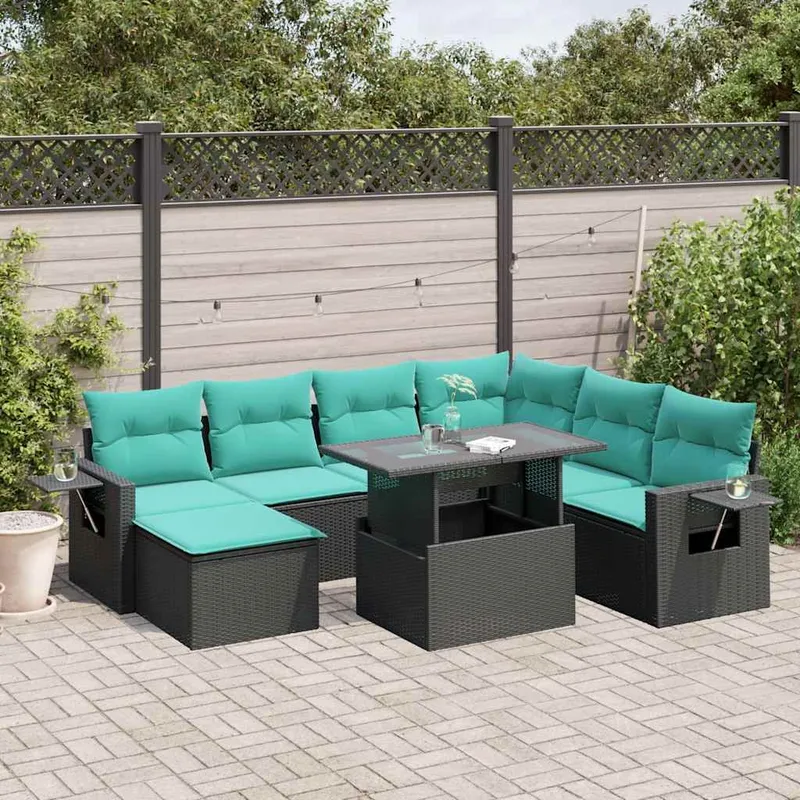 8 pièces salon de jardin avec coussins, noir polyrotin