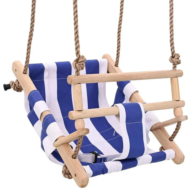 Babyschaukel mit Sicherheitsgurt Baumwolle Holz Blau