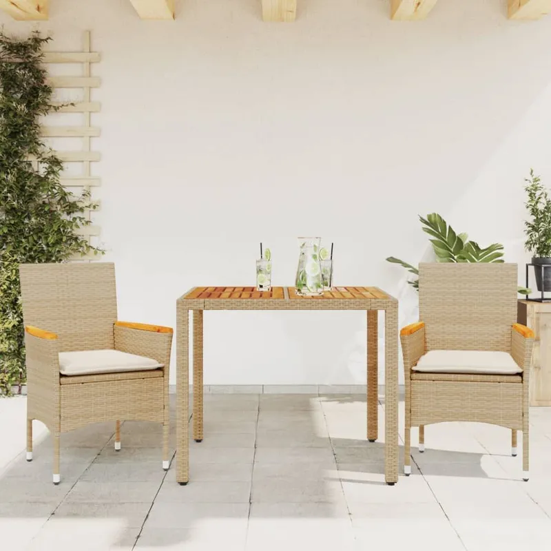 3 pz. set pranzo da giardino con cuscini beige Poly Rattan acacia