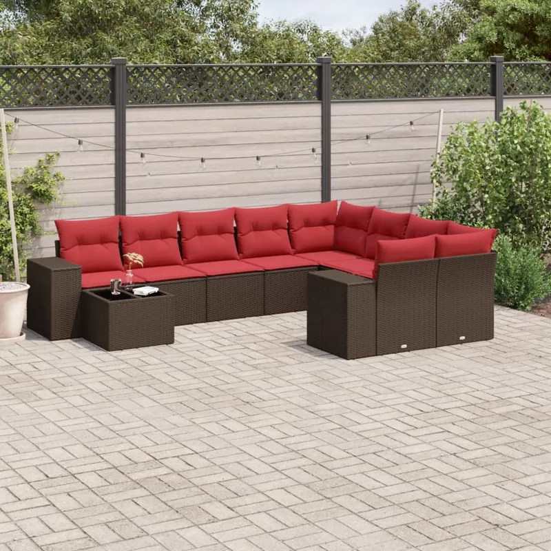 10-teiliges Gartensofa-Set mit Kissen, braun, Polyrattan