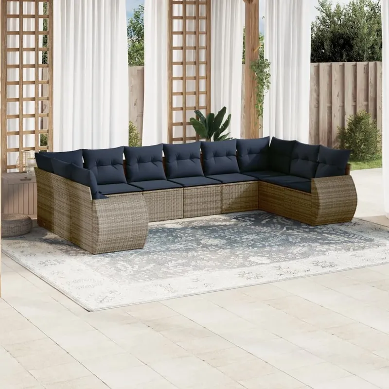 10-teiliges Gartensofa-Set mit Kissen, grau, Polyrattan