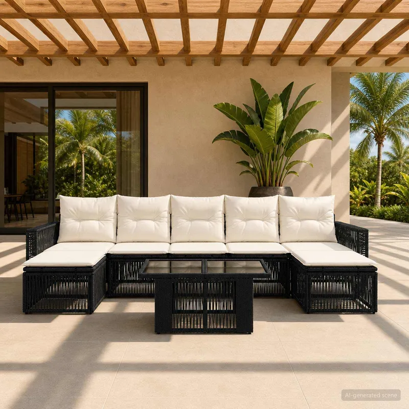 Gartensofa-set 8 stk. Schwarz und Cremeweiß Poly-Rattan
