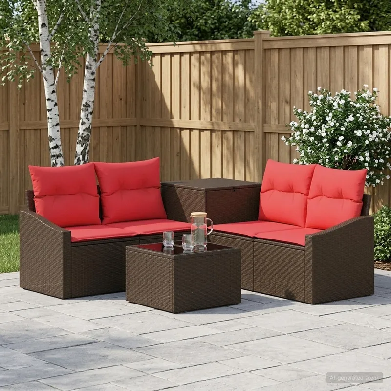 Sofa Set 6 stk. Braun und Rot Polyrattan und Stahl
