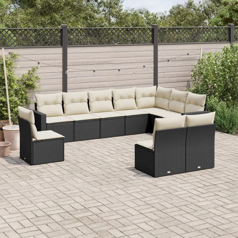 10-tlg. set divano da giardino con cuscini nero Poly Rattan