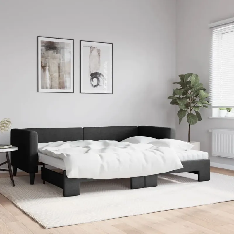 Tagesbett Ausziehbar mit Matratzen Schwarz 80x200 cm Stoff