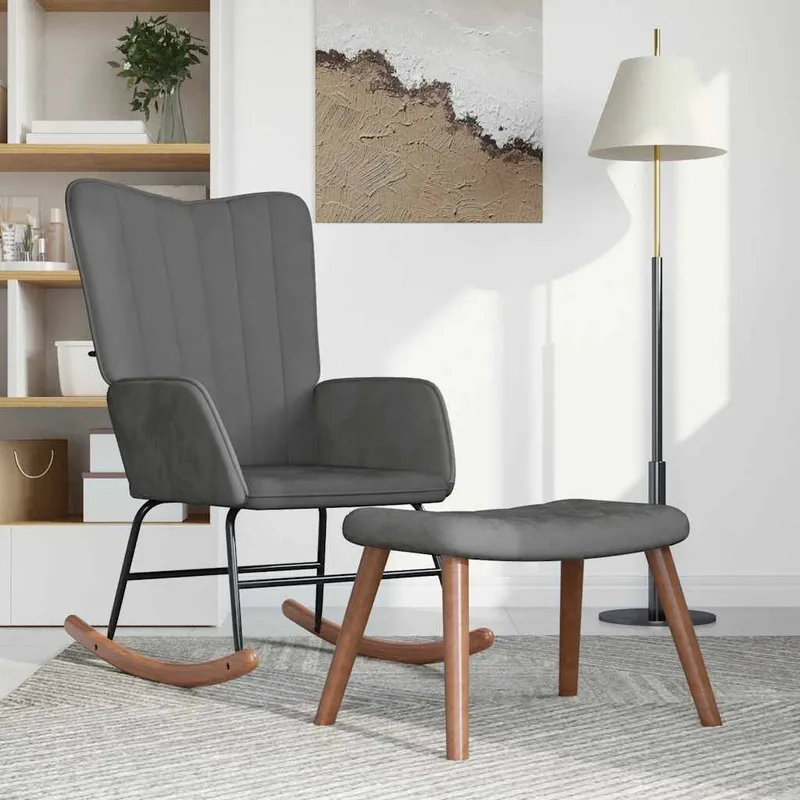 Schaukelstuhl with Hocker velvet dark grey