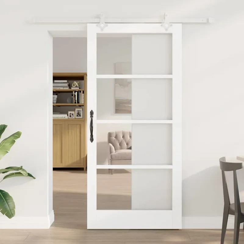 Porte coulissante 93 x 202 cm Bois de pin massif et verre Blanc
