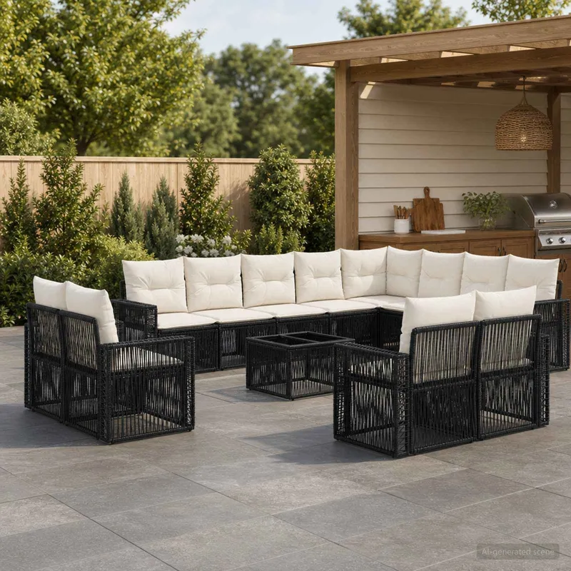 Gartensofa-set 13 stk. Schwarz und Cremeweiß Poly-Rattan