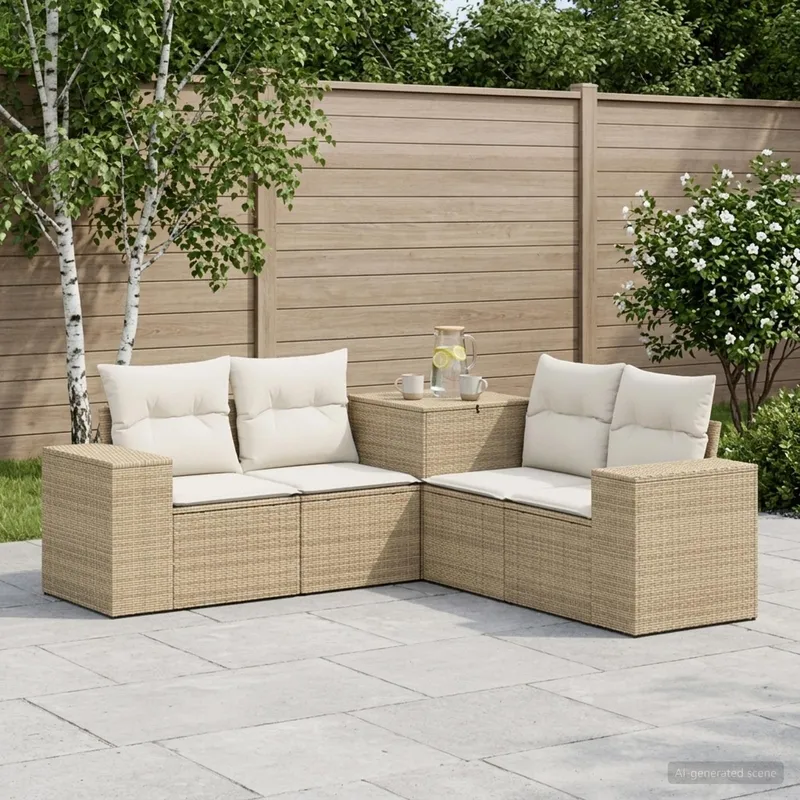 Sofa Set 5 stk. Beige und Cremeweiß Polyrattan und Stahl